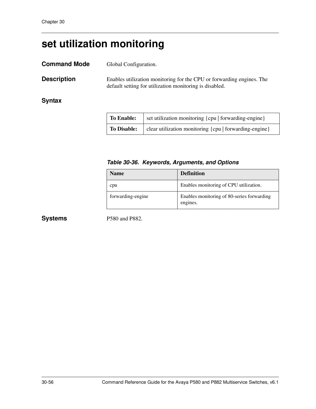 Avaya 106760804 manual Set utilization monitoring, Keywords, Arguments, and Options 