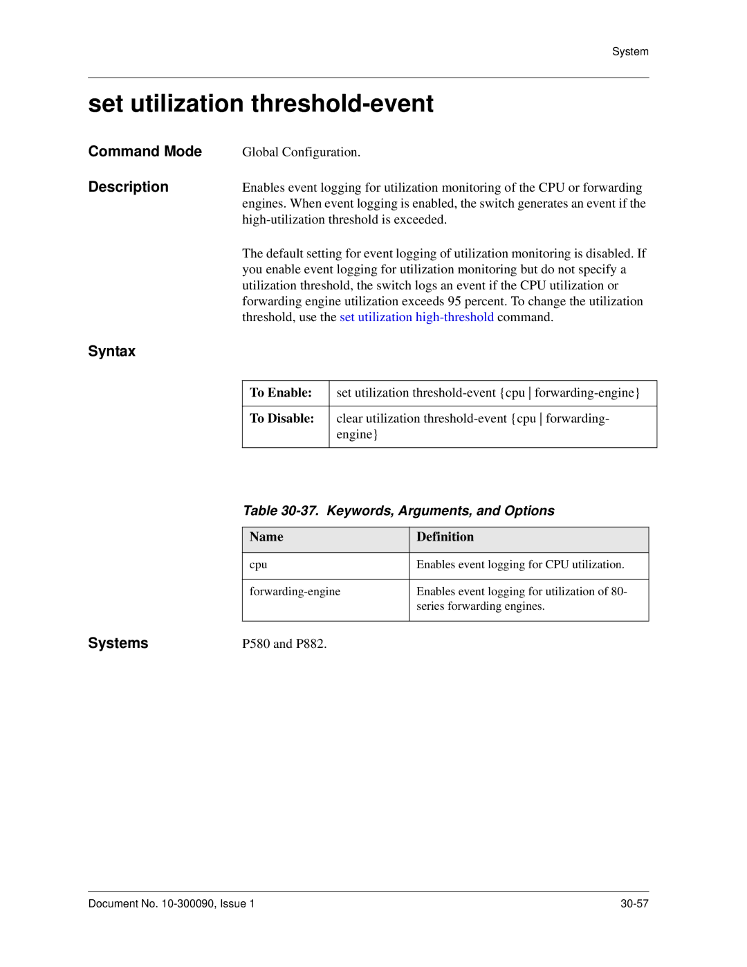 Avaya 106760804 manual Set utilization threshold-event, Keywords, Arguments, and Options 