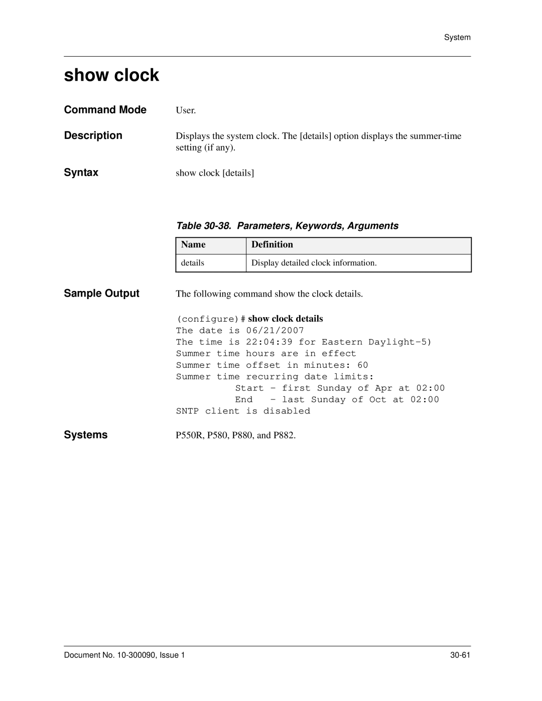 Avaya 106760804 manual Show clock, Configure# show clock details 