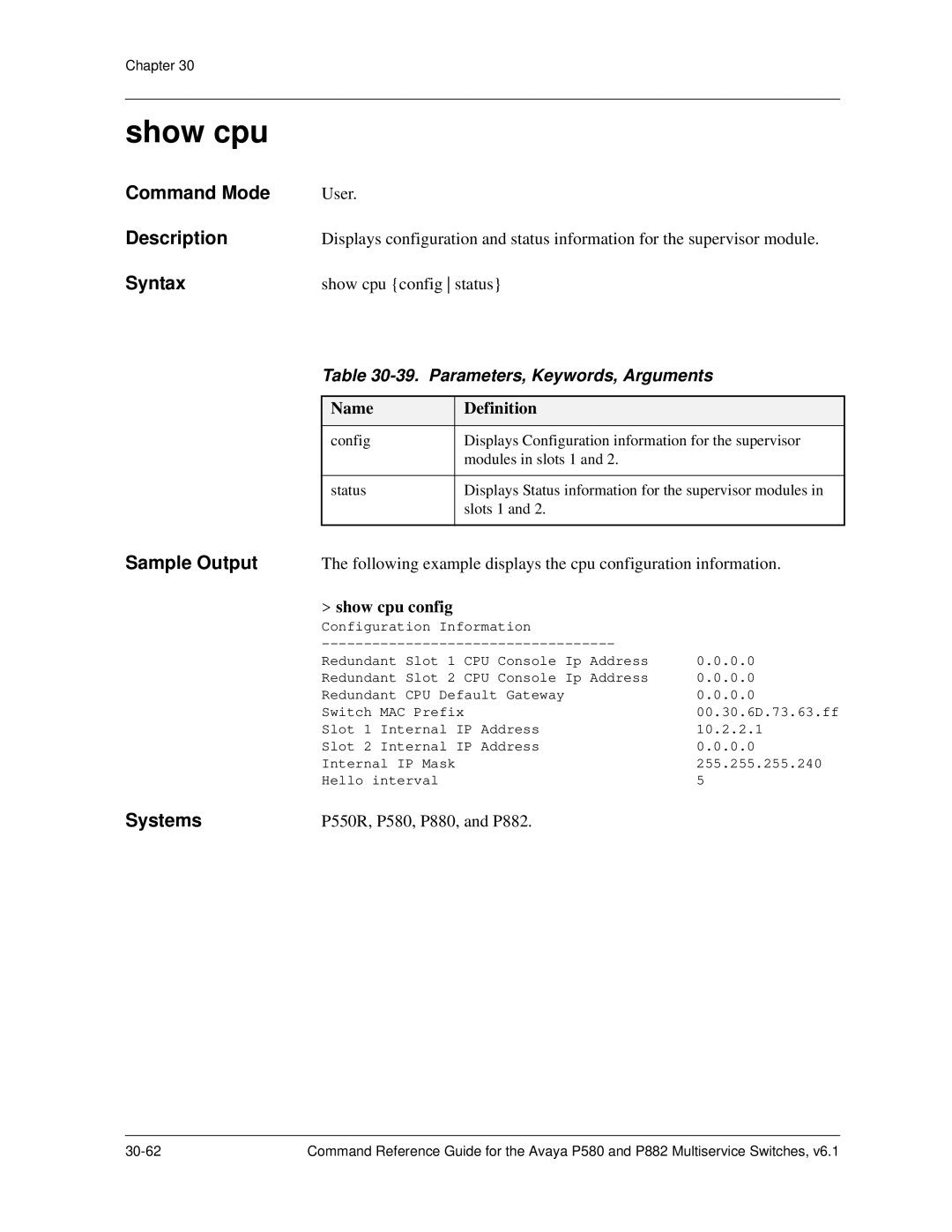 Avaya 106760804 manual Show cpu config 