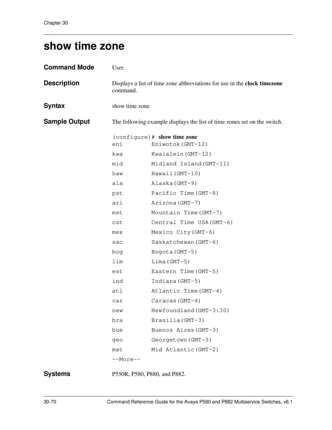 Avaya 106760804 manual Show time zone, Configure# show time zone 