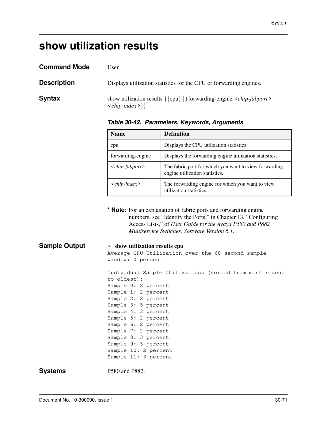 Avaya 106760804 manual Show utilization results cpu, Chip-fabport, Chip-index 