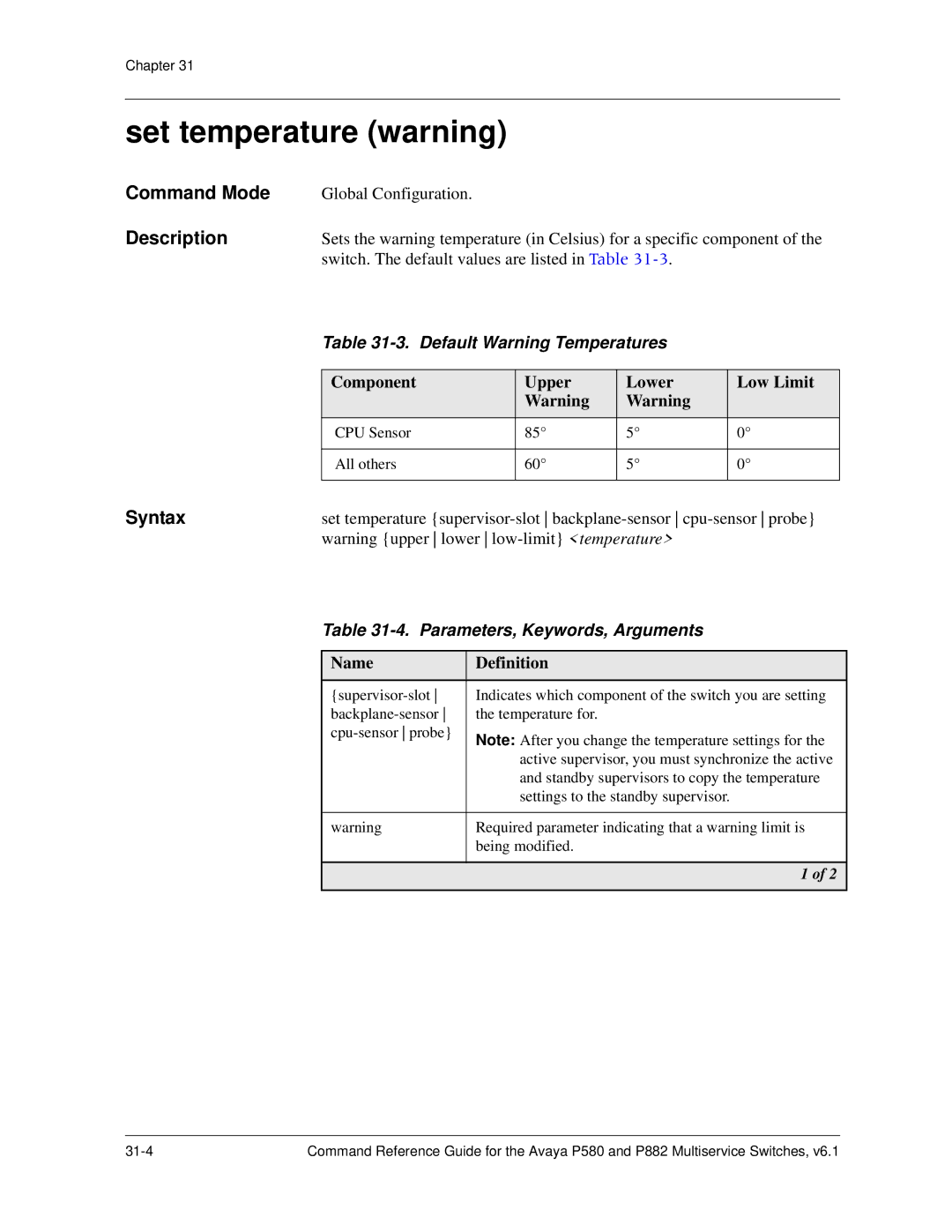 Avaya 106760804 manual Set temperature warning, Default Warning Temperatures, Component Upper Lower Low Limit 