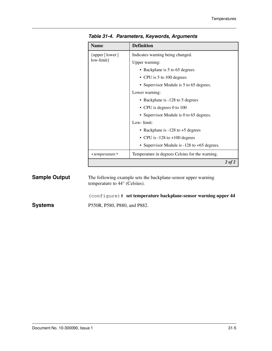 Avaya 106760804 manual Following example sets the backplane-sensor upper warning 