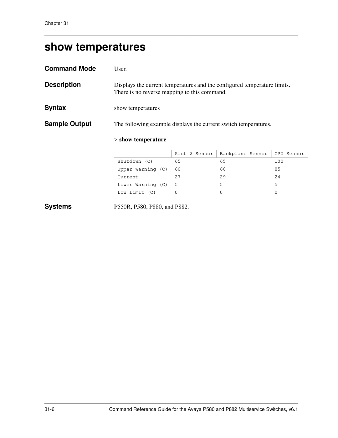 Avaya 106760804 manual Show temperatures 