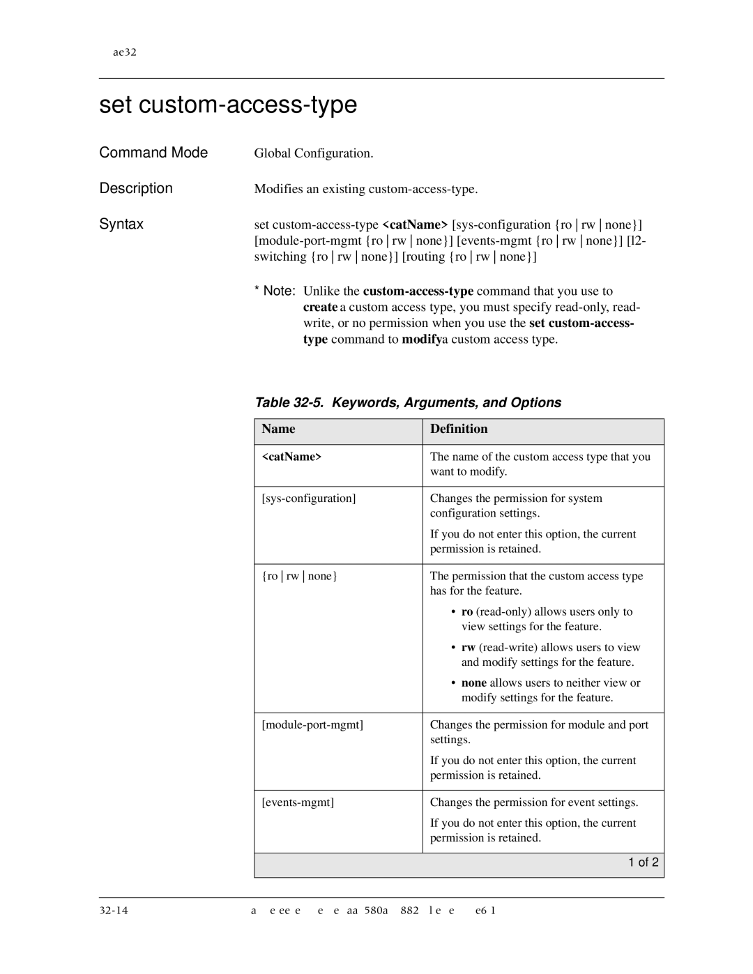 Avaya 106760804 manual Set custom-access-type, Keywords, Arguments, and Options 