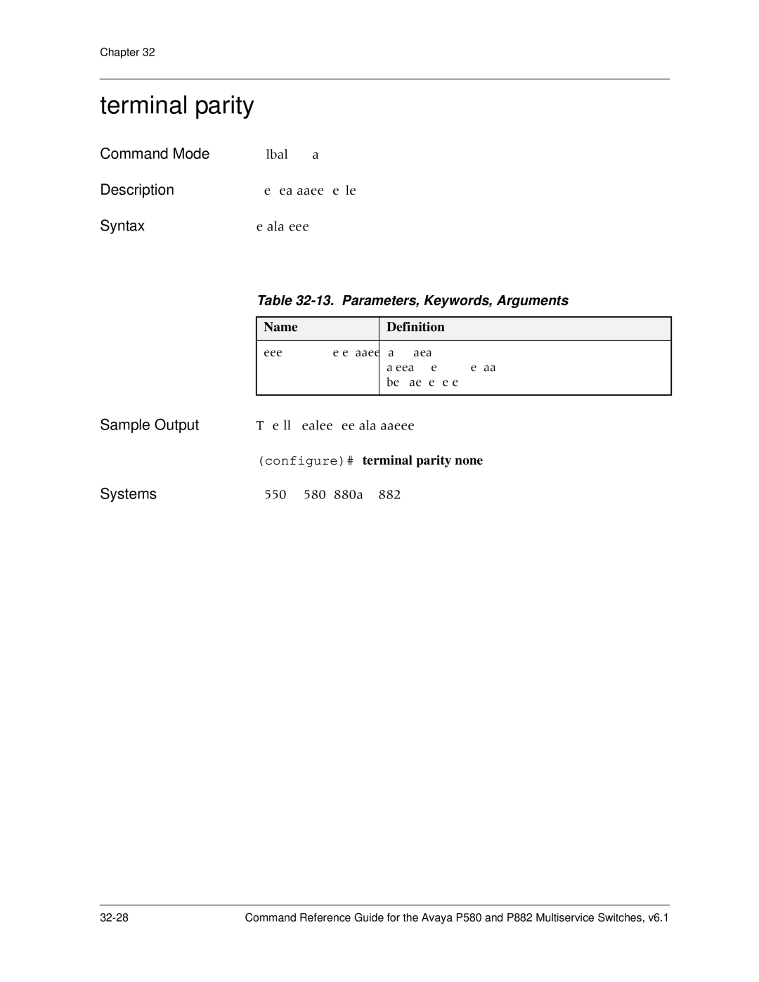 Avaya 106760804 manual Terminal parity none even odd, Configure# terminal parity none 