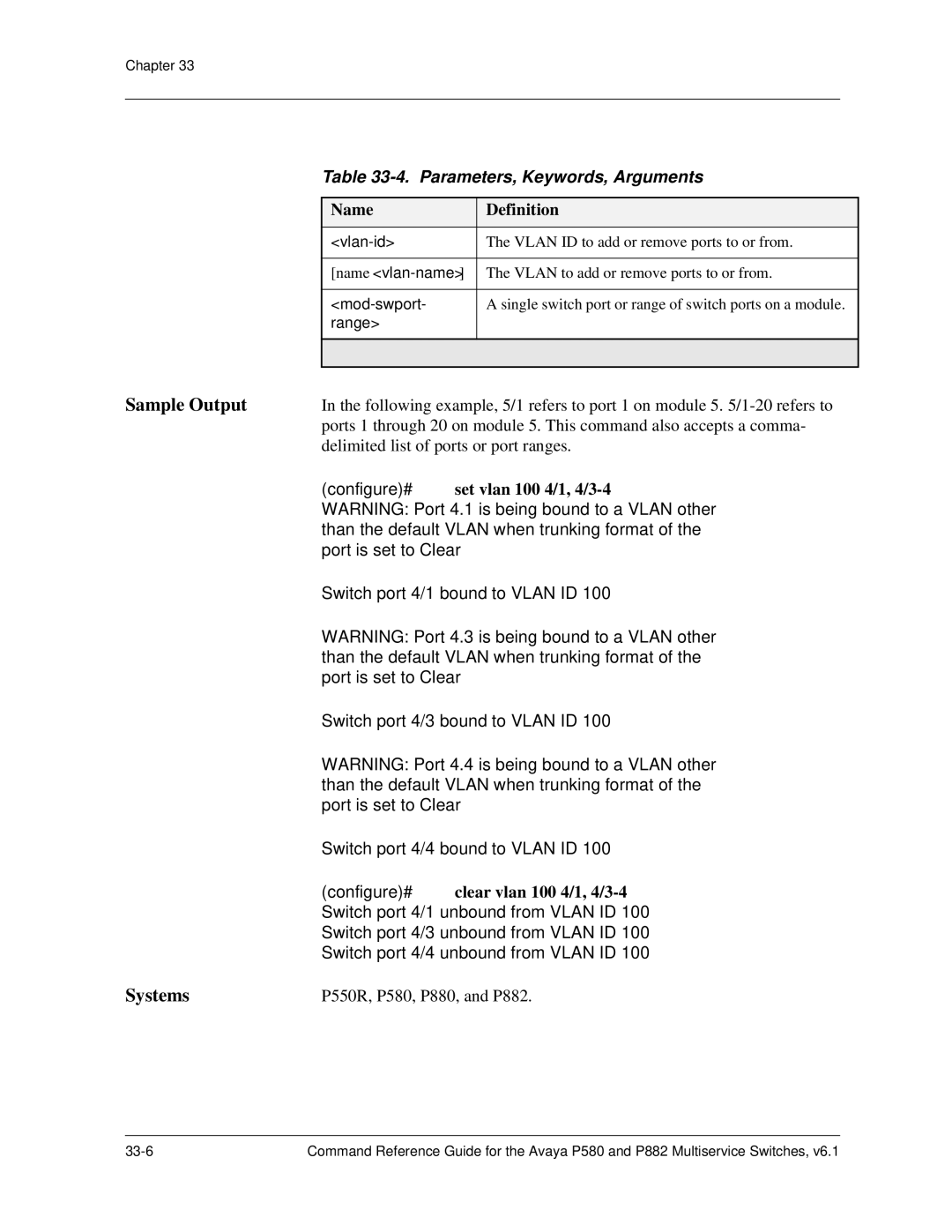 Avaya 106760804 manual Configure# set vlan 100 4/1, 4/3-4, Configure# clear vlan 100 4/1, 4/3-4 