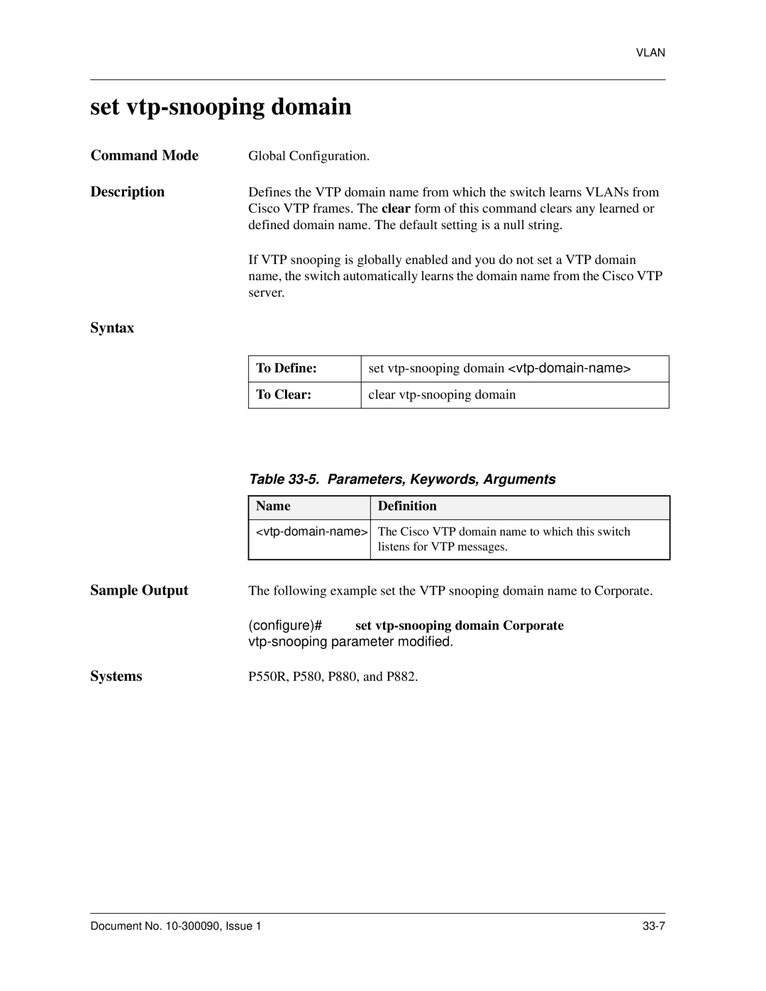 Avaya 106760804 manual Set vtp-snooping domain, To Define, Configure# set vtp-snooping domain Corporate 