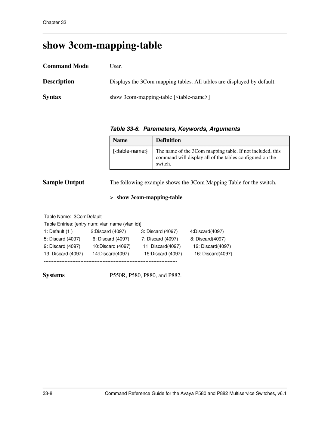 Avaya 106760804 manual Show 3com-mapping-table 