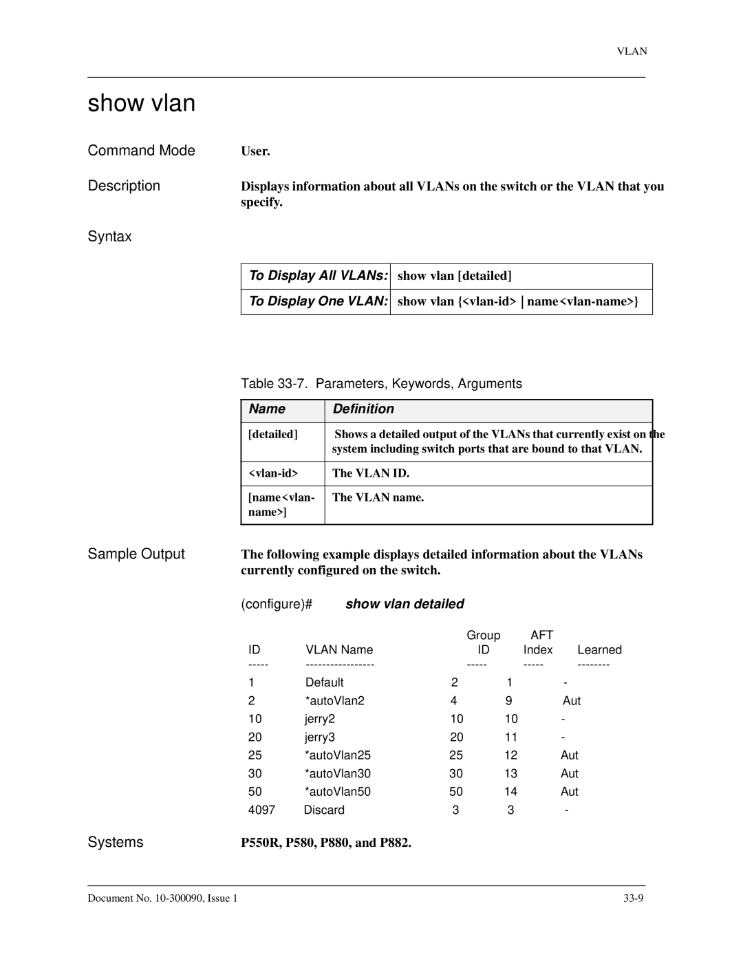 Avaya 106760804 manual Show vlan, To Display All VLANs, To Display One Vlan, Configure# show vlan detailed 