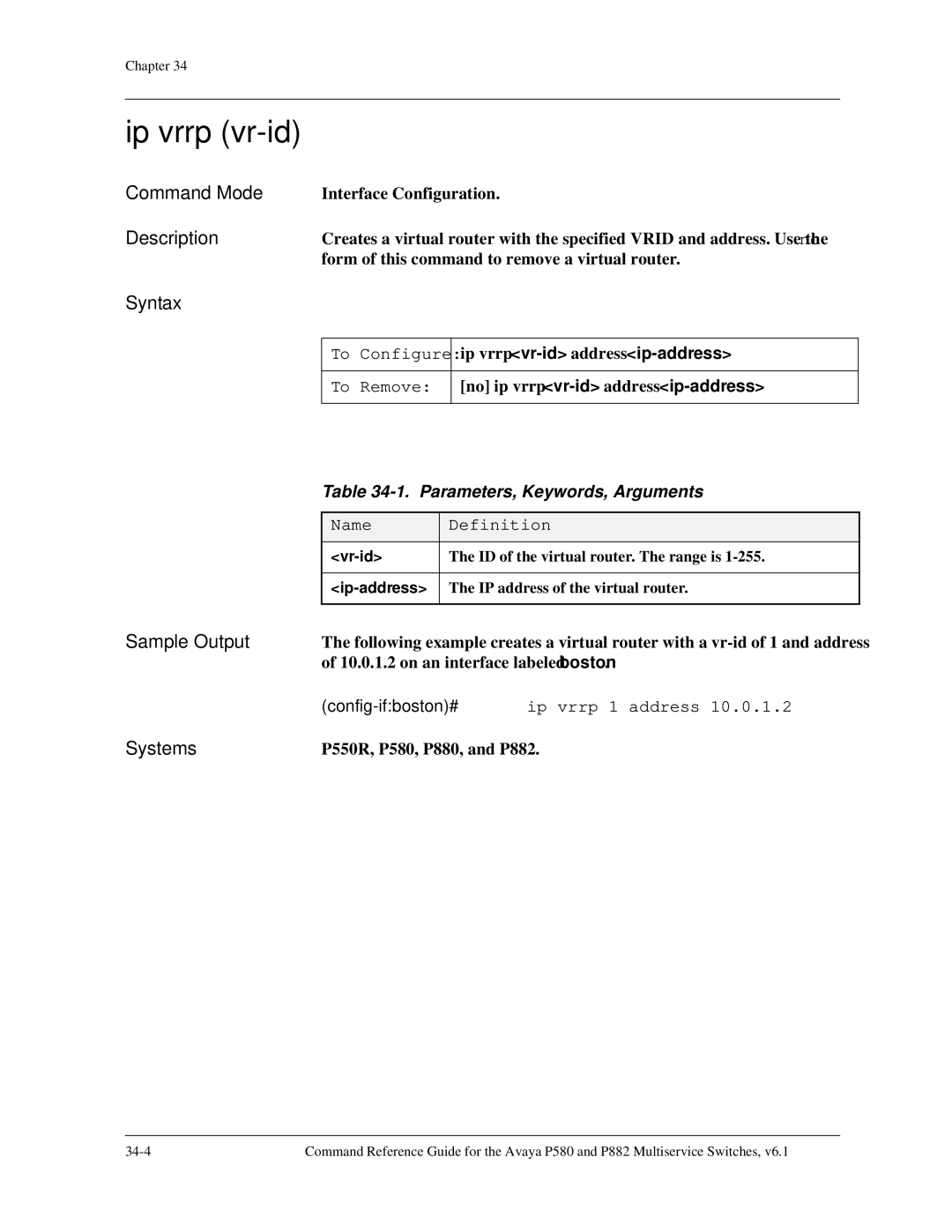 Avaya 106760804 manual Ip vrrp vr-id, Config-ifboston#ip vrrp 1 address, Vr-id 