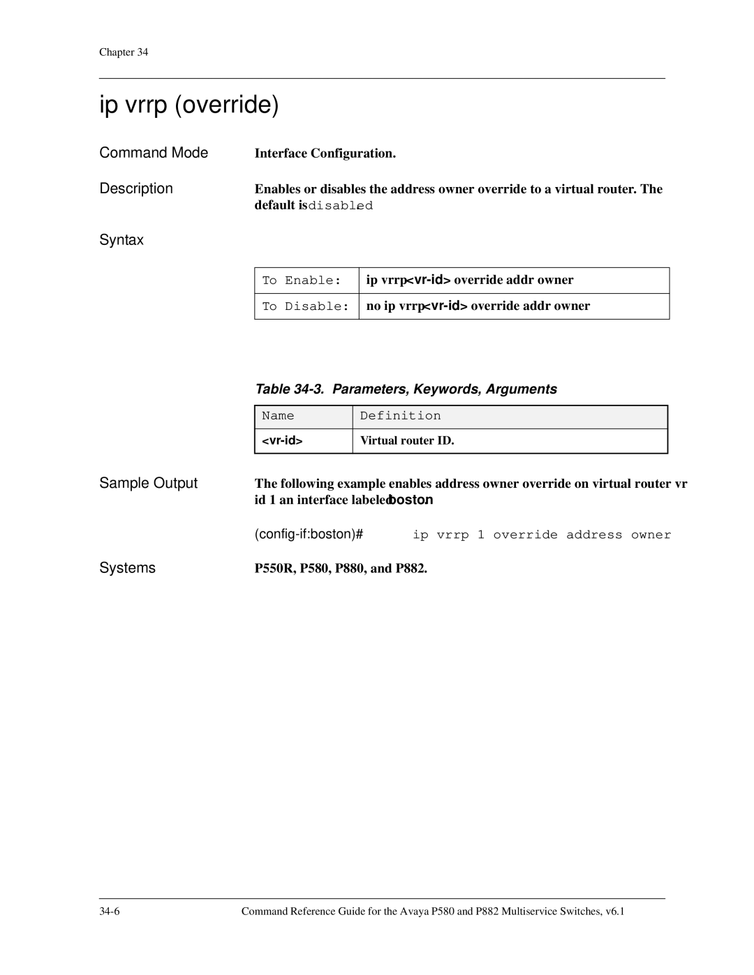 Avaya 106760804 manual Ip vrrp override, Config-ifboston#ip vrrp 1 override address owner 