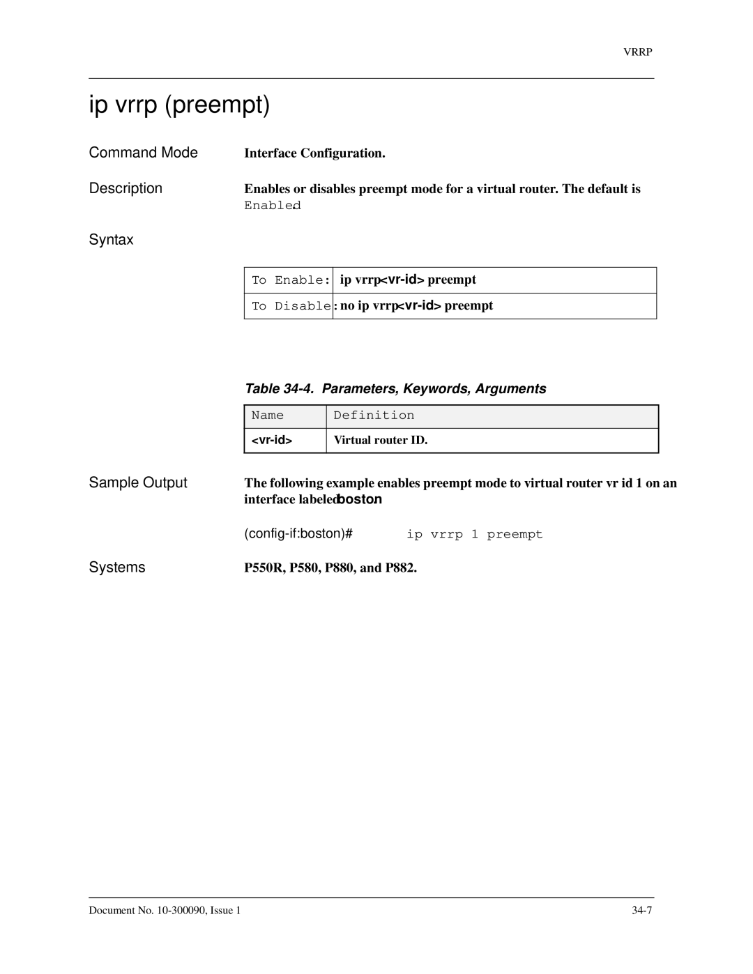 Avaya 106760804 manual Ip vrrp preempt, Enabled 