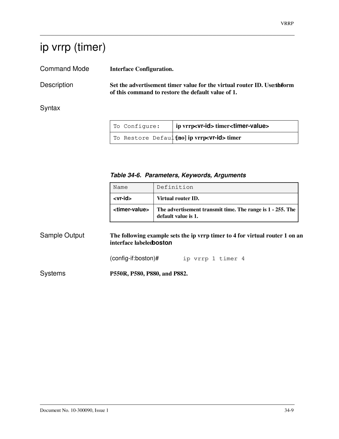 Avaya 106760804 manual Ip vrrp timer 