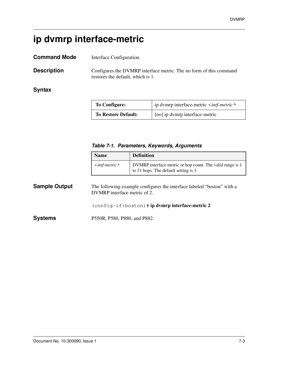 Avaya 106760804 manual Ip dvmrp interface-metric, Dvmrp interface metric, Config-ifboston#ip dvmrp interface-metric 
