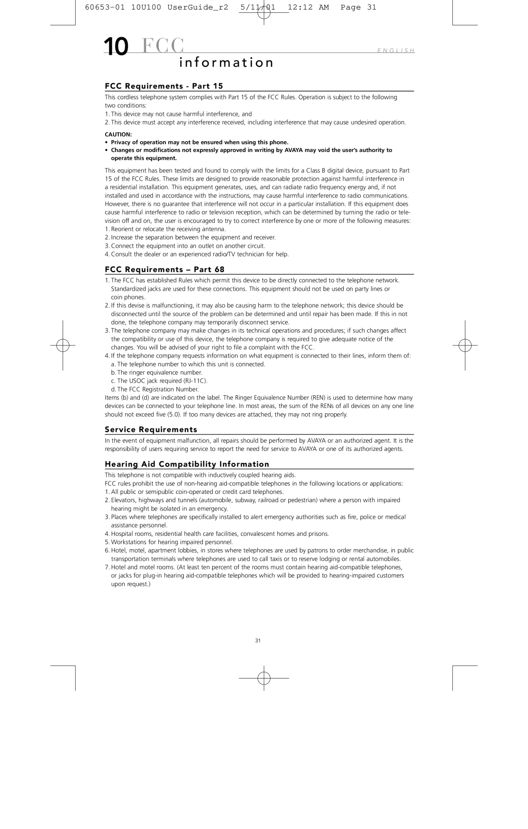 Avaya 10U100 manual FCC Requirements Part, Service Requirements, Hearing Aid Compatibility Information 