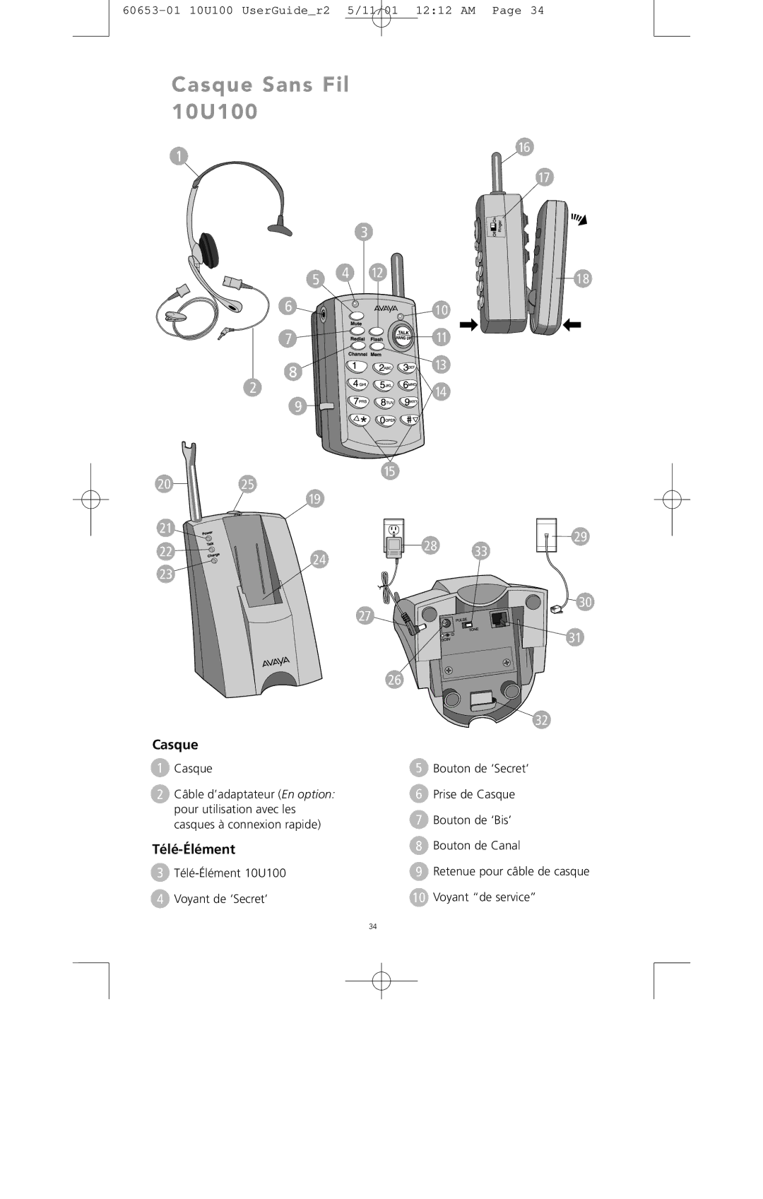 Avaya manual Casque Sans Fil 10U100 