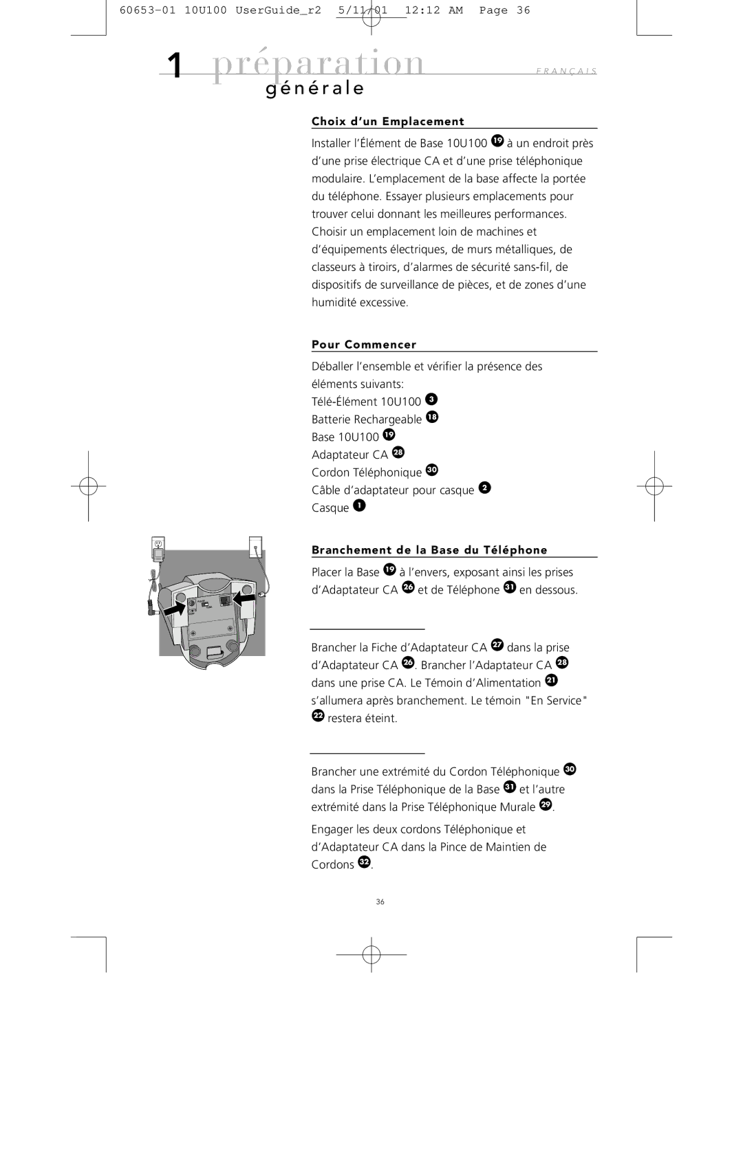 Avaya 10U100 manual N é r a l e, Choix d’un Emplacement, Pour Commencer, Branchement de la Base du Téléphone 