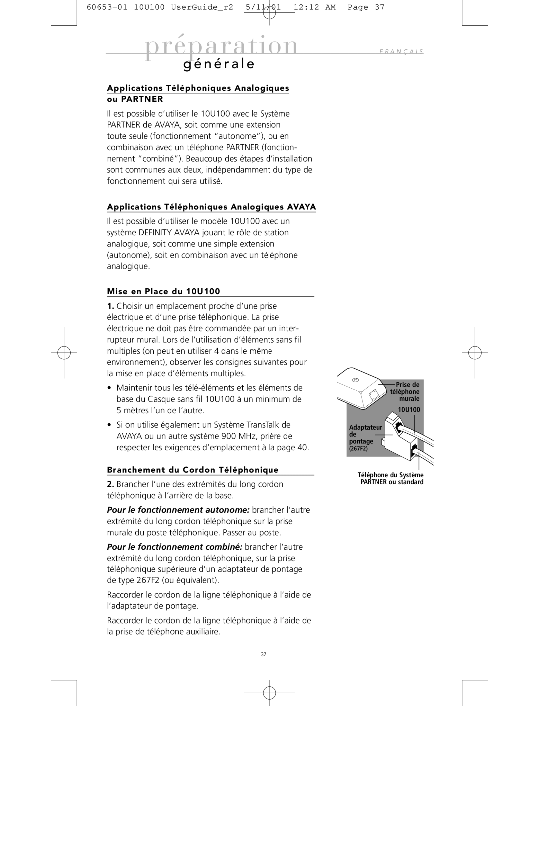 Avaya 10U100 manual Applications Téléphoniques Analogiques Ou Partner, Applications Téléphoniques Analogiques Avaya 