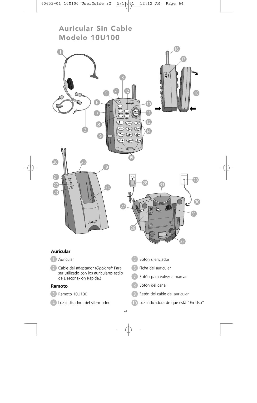 Avaya manual Auricular Sin Cable Modelo 10U100 