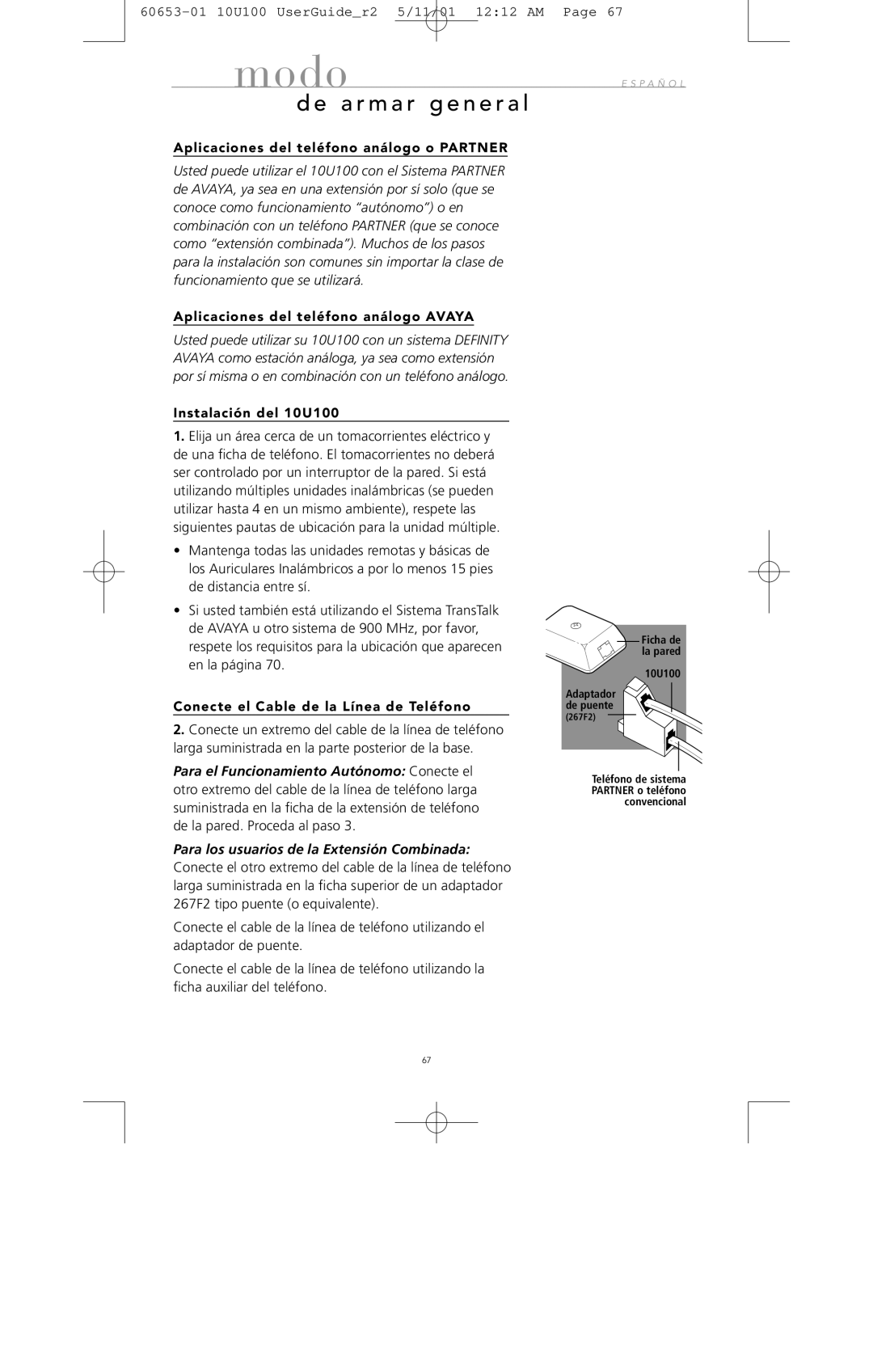 Avaya Aplicaciones del teléfono análogo o Partner, Aplicaciones del teléfono análogo Avaya, Instalación del 10U100 