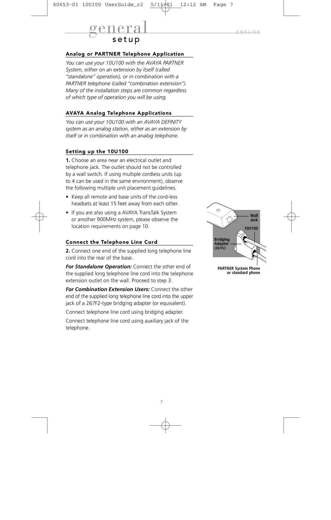 Avaya manual Analog or Partner Telephone Application, Avaya Analog Telephone Applications, Setting up the 10U100 