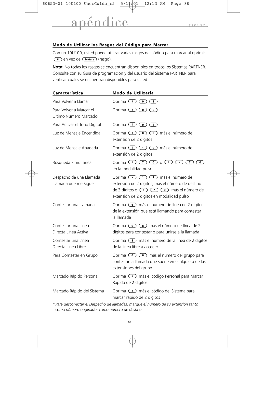 Avaya 10U100 manual Modo de Utilizar los Rasgos del Código para Marcar, Característica Modo de Utilizarla 