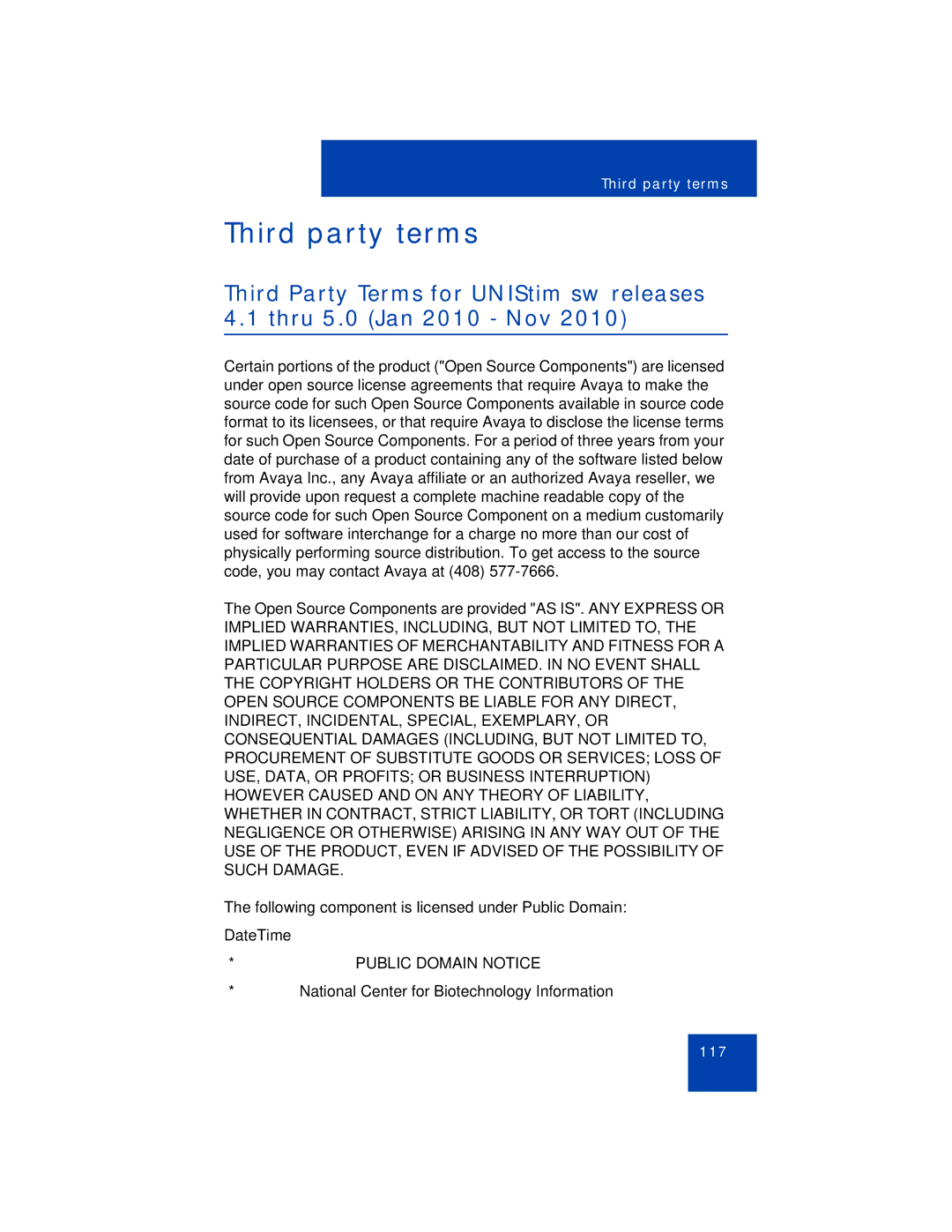 Avaya 1110 manual Third party terms, Public Domain Notice 