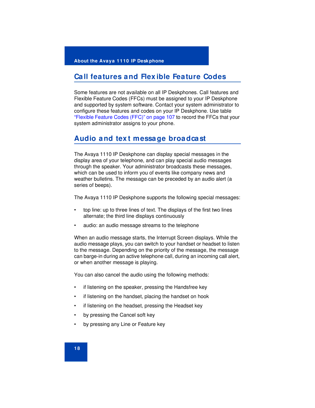 Avaya 1110 manual Call features and Flexible Feature Codes, Audio and text message broadcast 