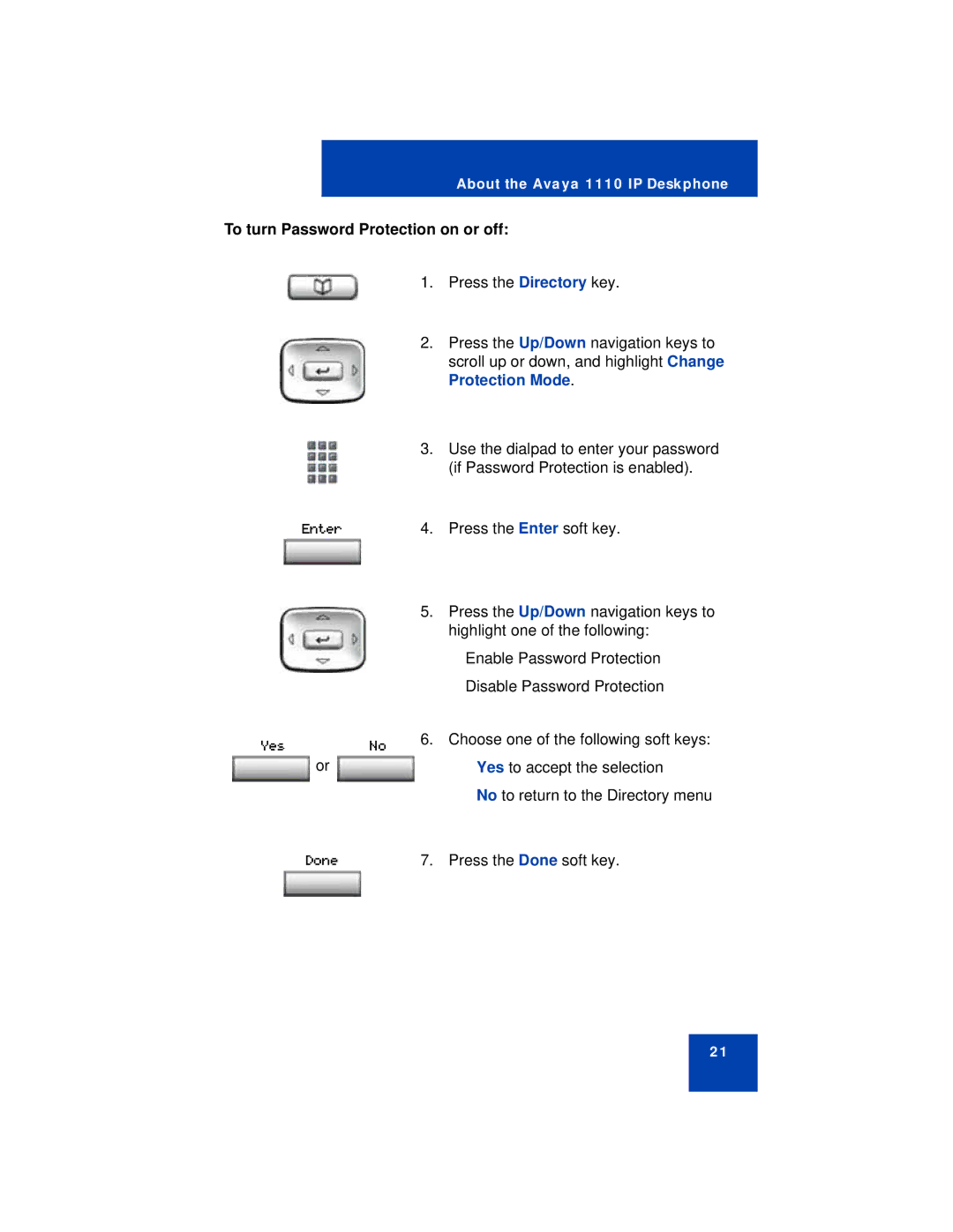 Avaya 1110 manual To turn Password Protection on or off, Protection Mode 