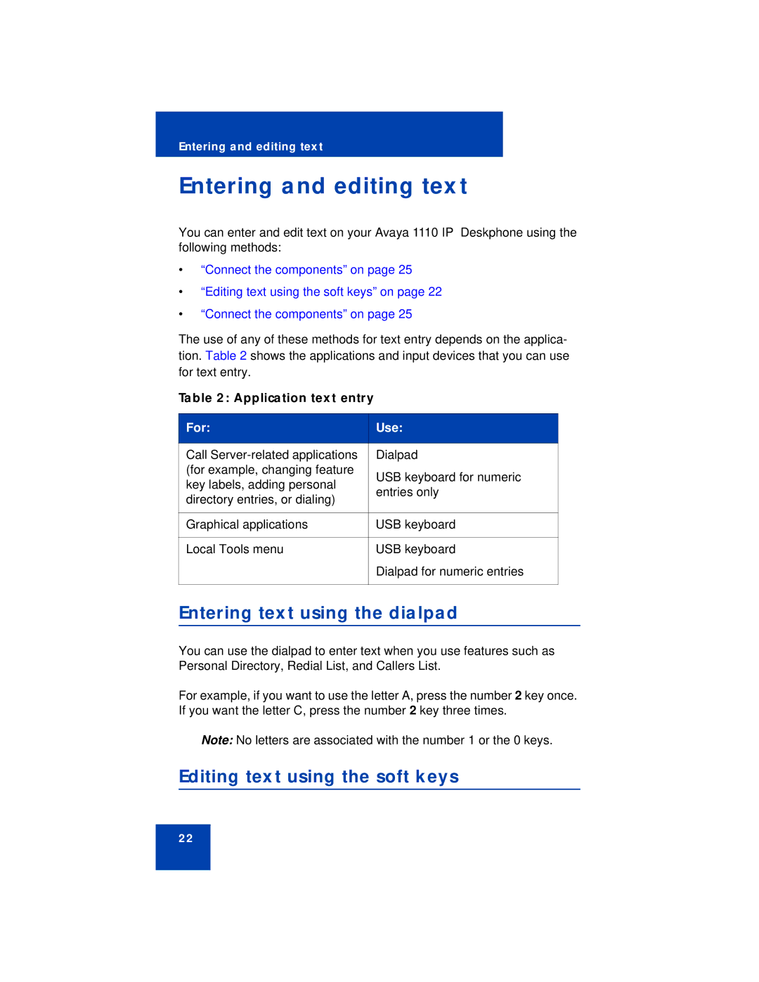 Avaya 1110 manual Entering and editing text, Entering text using the dialpad, Editing text using the soft keys 