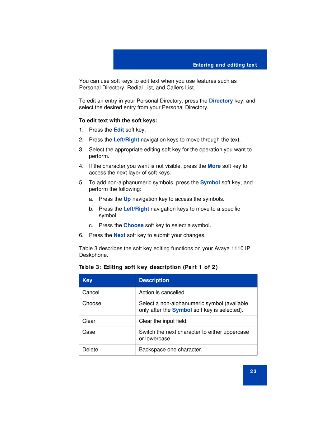 Avaya 1110 manual To edit text with the soft keys, Editing soft key description Part 1 