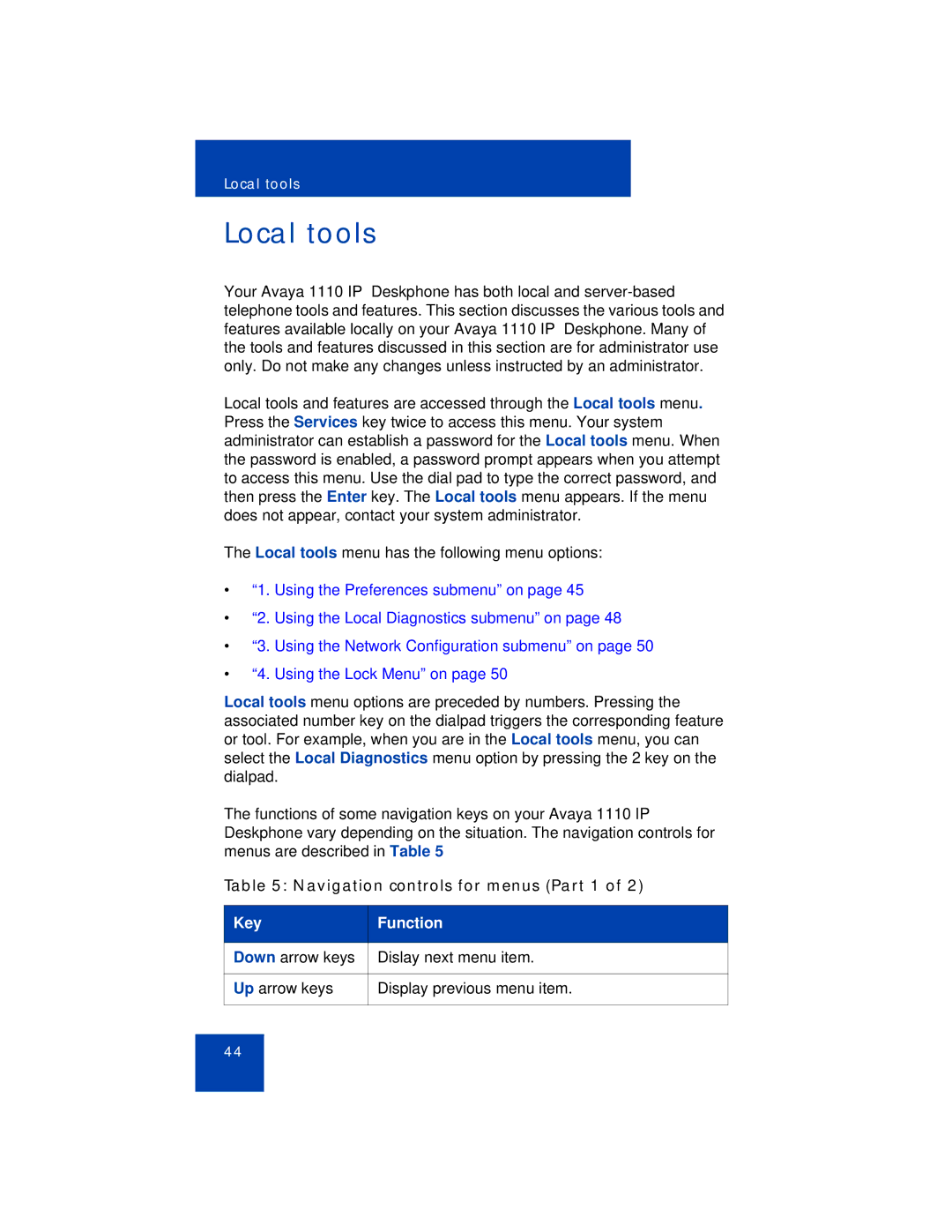 Avaya 1110 manual Local tools, Navigation controls for menus Part 1 