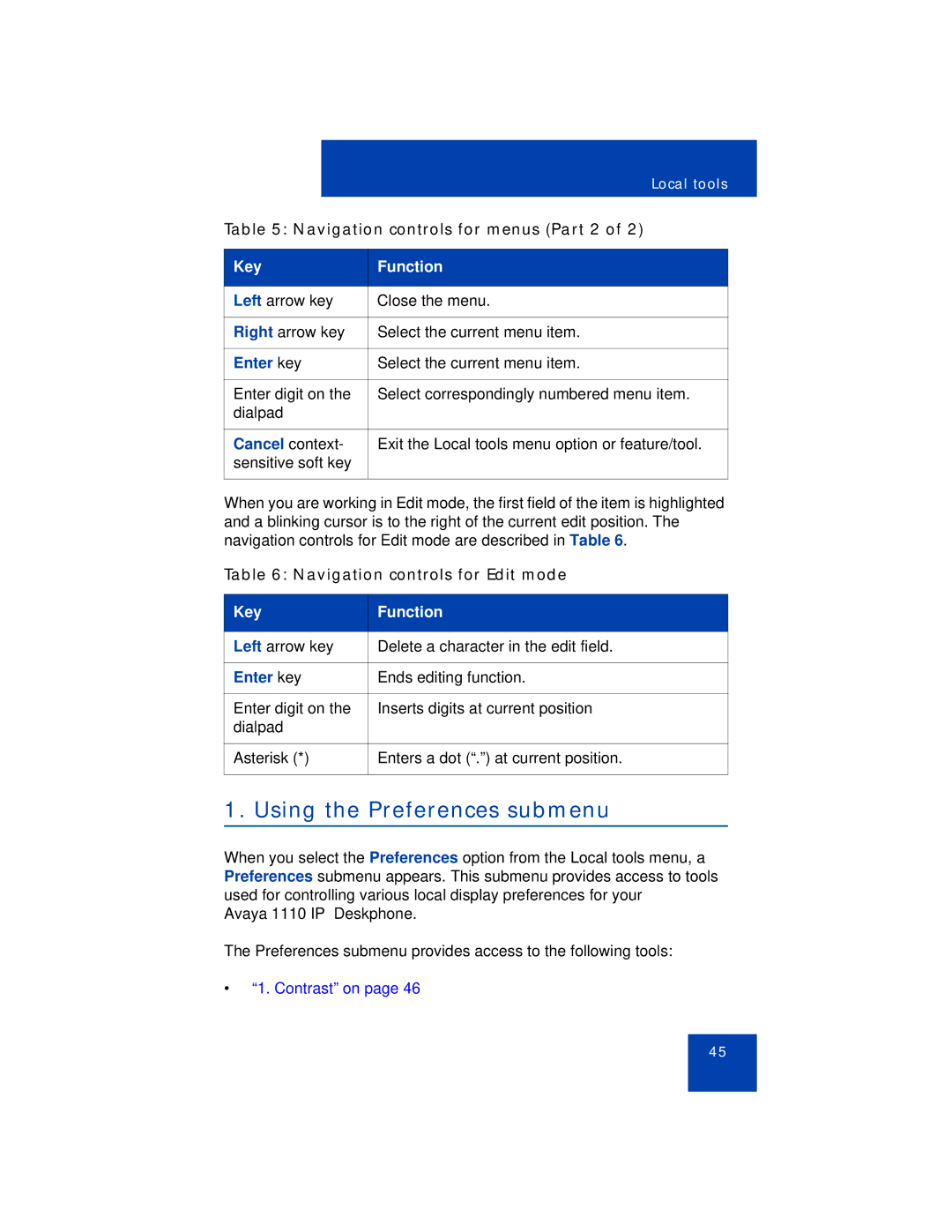 Avaya 1110 manual Using the Preferences submenu, Navigation controls for menus Part 2, Enter key 