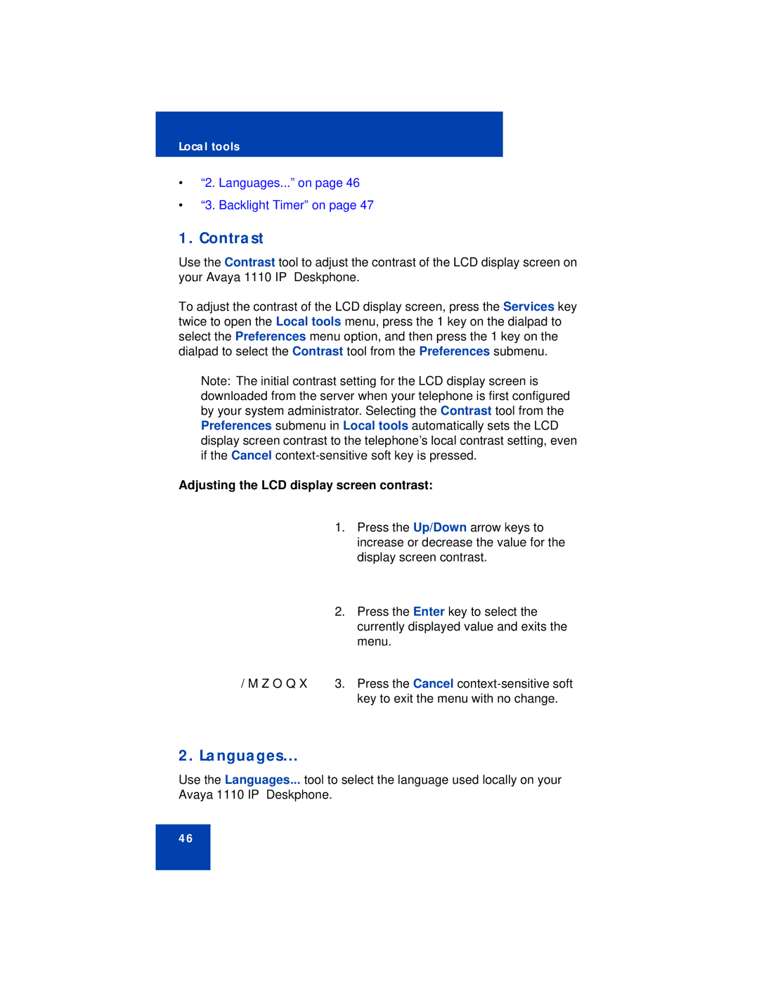 Avaya 1110 manual Contrast, Languages, Adjusting the LCD display screen contrast 