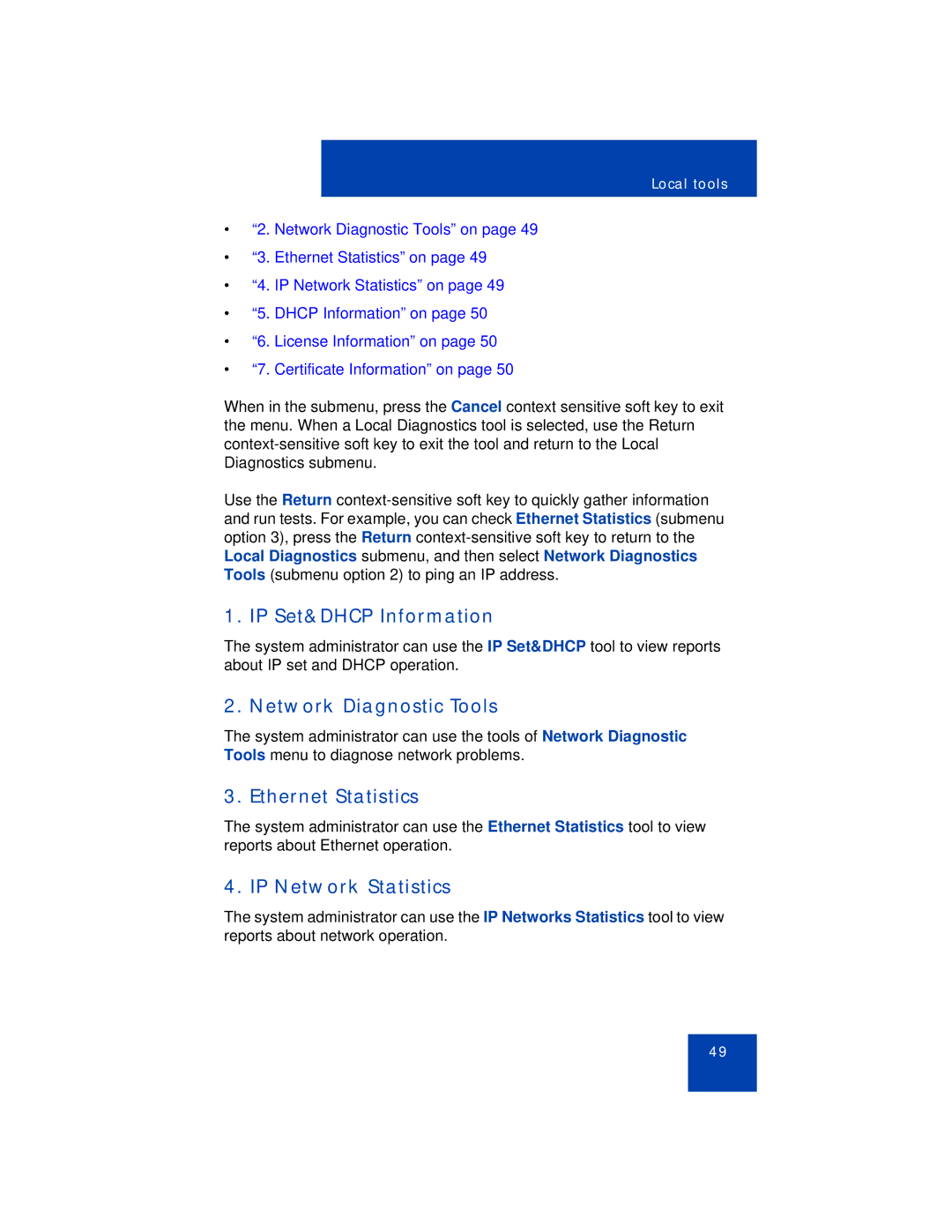 Avaya 1110 manual IP Set&DHCP Information, Network Diagnostic Tools, Ethernet Statistics, IP Network Statistics 