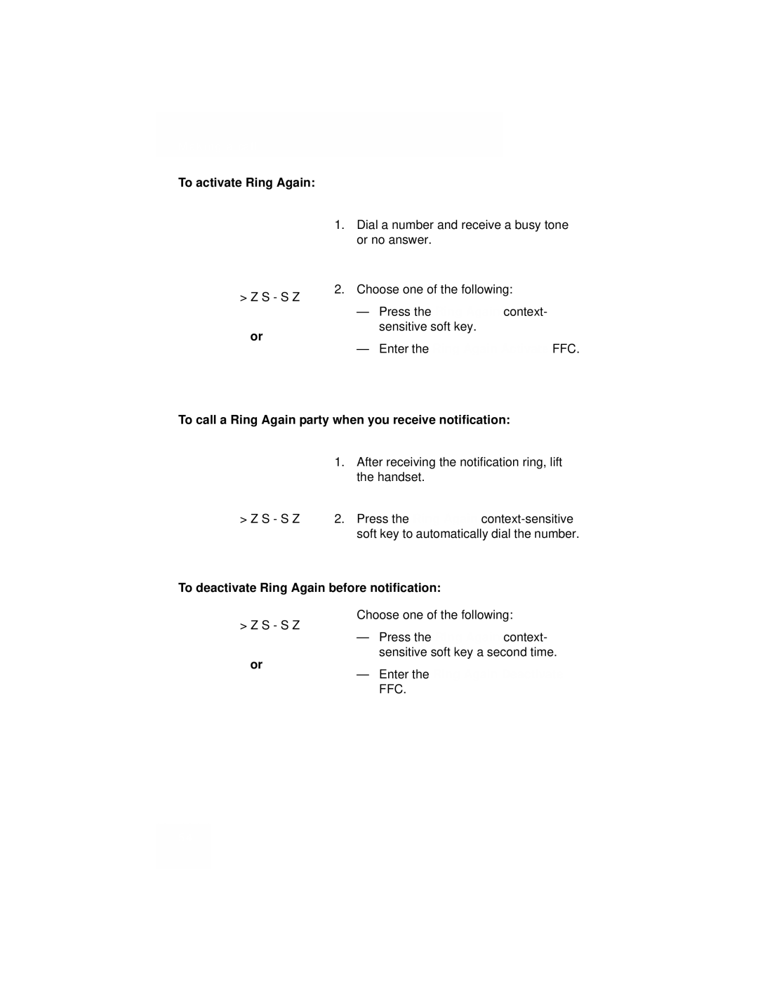 Avaya 1110 manual To activate Ring Again, Enter the Ring Again Activate FFC, To deactivate Ring Again before notification 