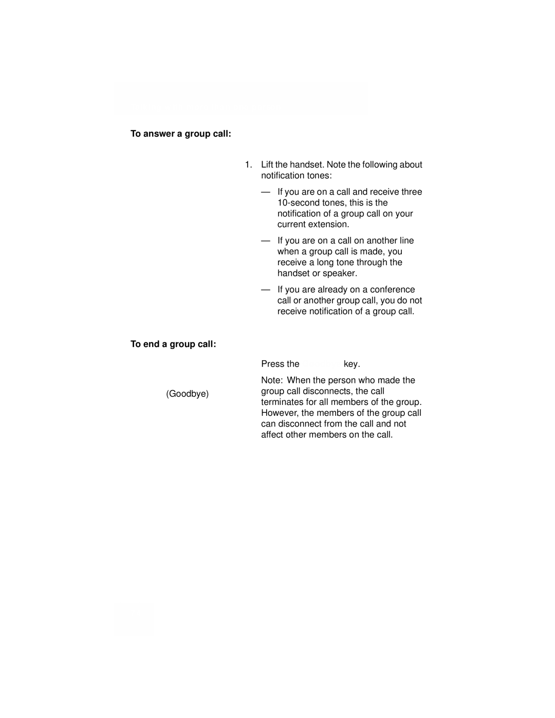 Avaya 1110 manual To answer a group call, To end a group call 