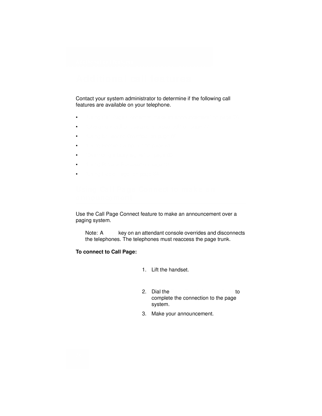 Avaya 1110 manual Additional call features, Using Call Page Connect to make an announcement, To connect to Call 