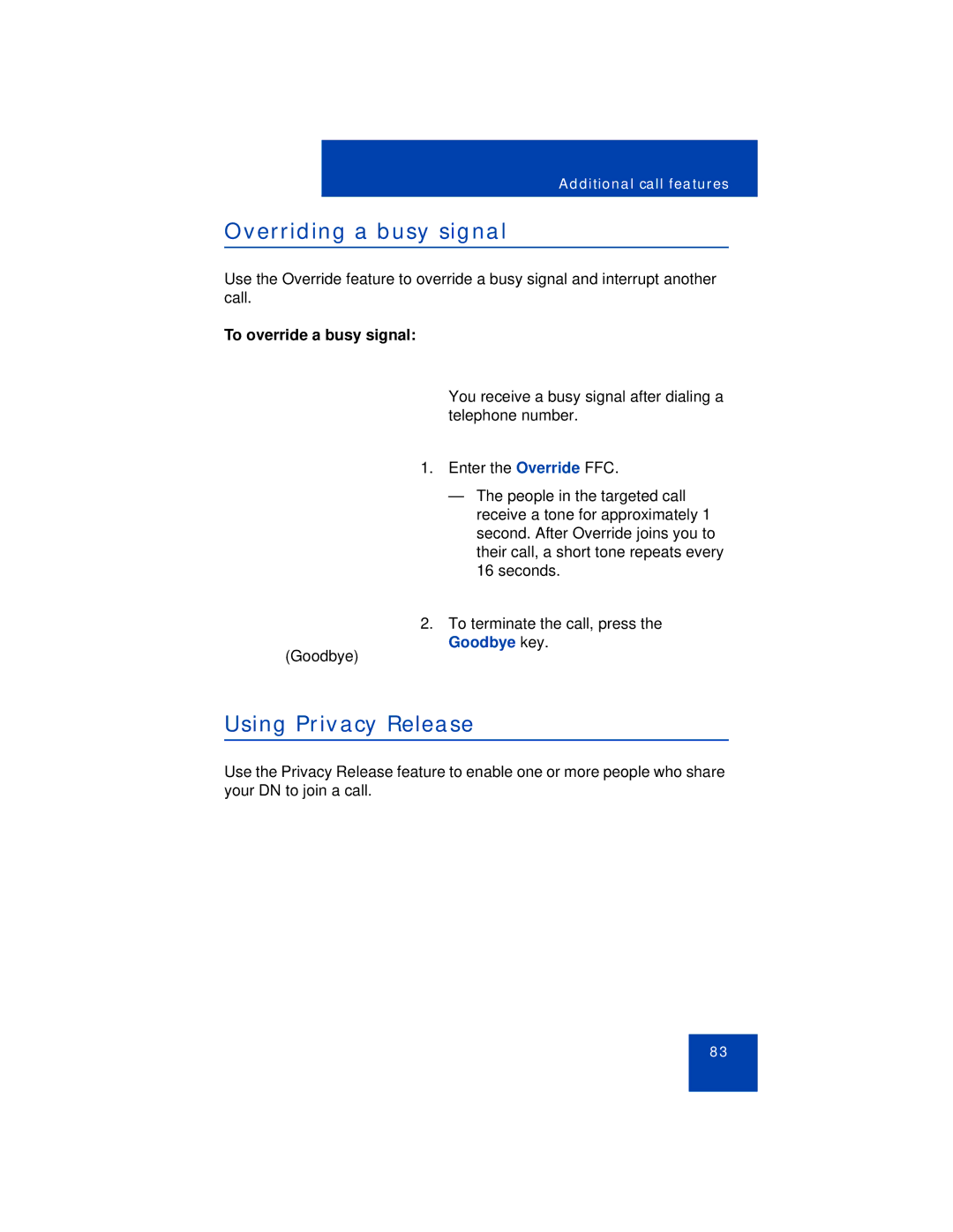 Avaya 1110 manual Overriding a busy signal, Using Privacy Release, To override a busy signal 