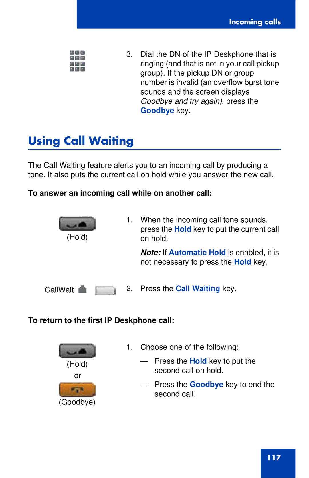 Avaya 1120E Using Call Waiting, To answer an incoming call while on another call, To return to the first IP Deskphone call 