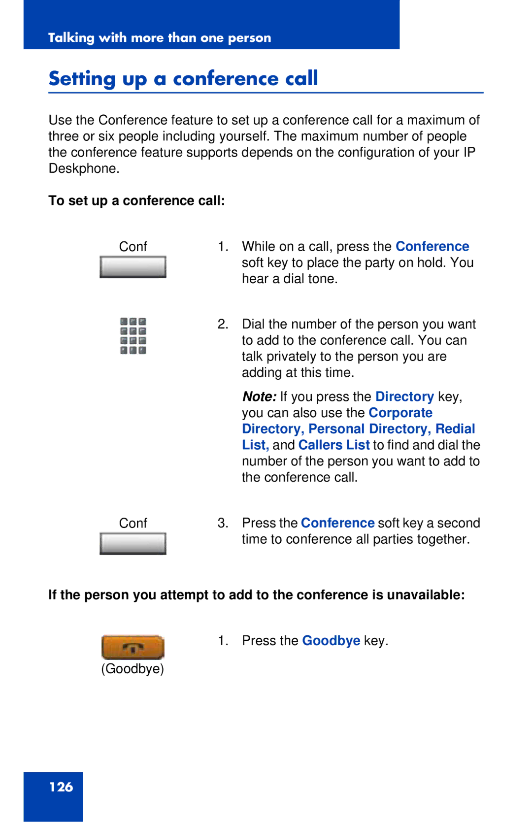 Avaya 1120E manual Setting up a conference call, To set up a conference call, Directory, Personal Directory, Redial 