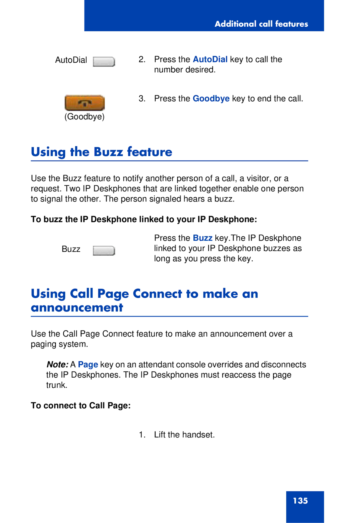 Avaya 1120E manual Using the Buzz feature, Using Call Page Connect to make an announcement, To connect to Call 