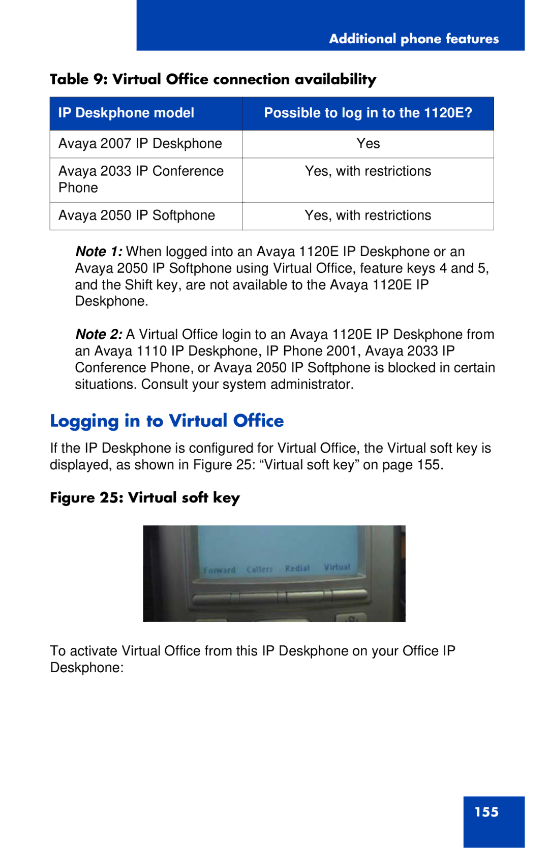 Avaya 1120E manual Logging in to Virtual Office, Virtual soft key 