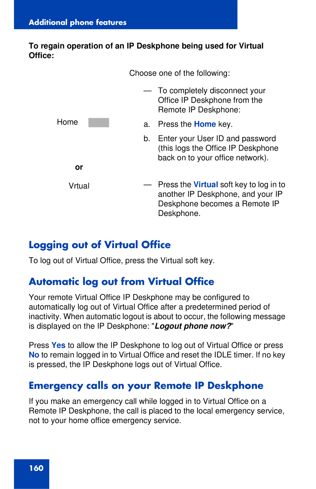 Avaya 1120E manual Logging out of Virtual Office, Automatic log out from Virtual Office 