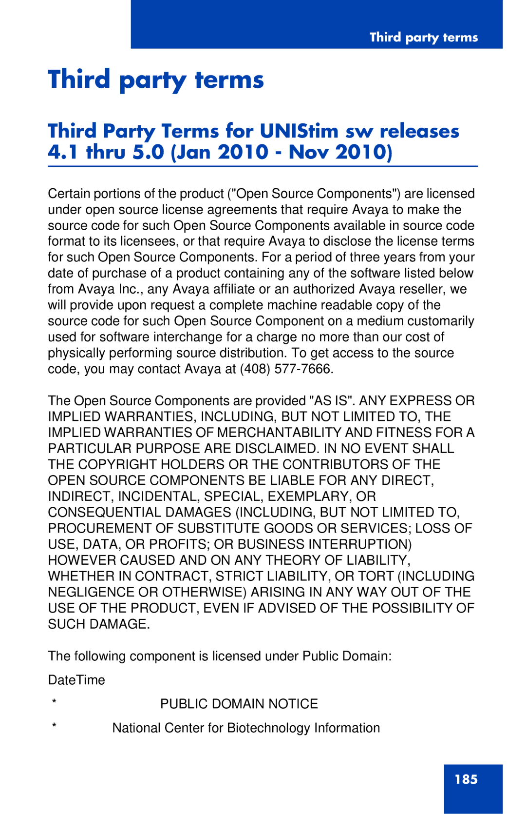 Avaya 1120E manual Third party terms, Public Domain Notice 