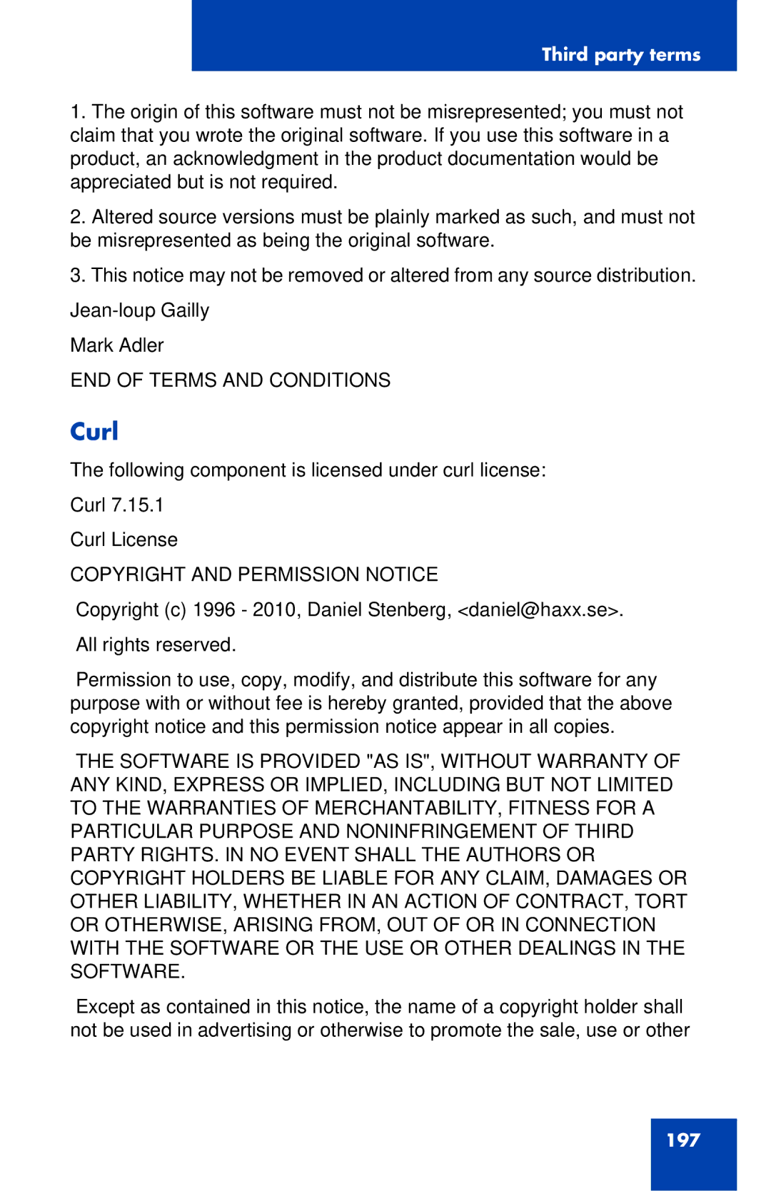 Avaya 1120E manual Curl, Copyright and Permission Notice 