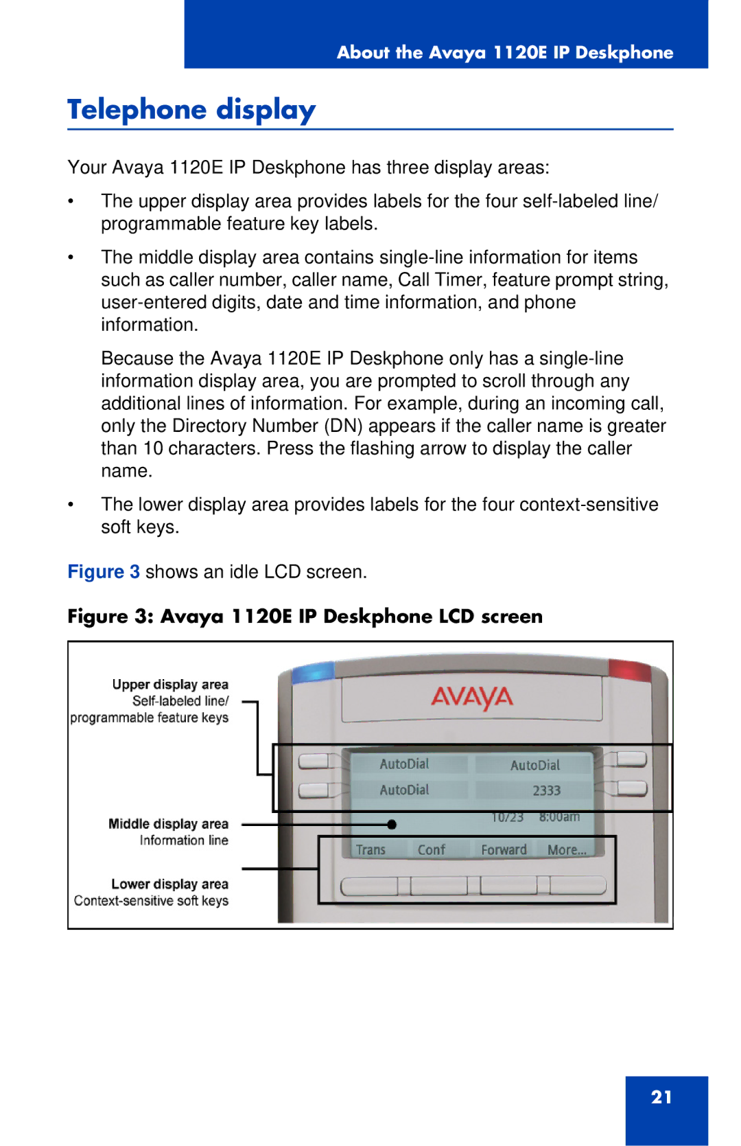 Avaya manual Telephone display, Avaya 1120E IP Deskphone LCD screen 