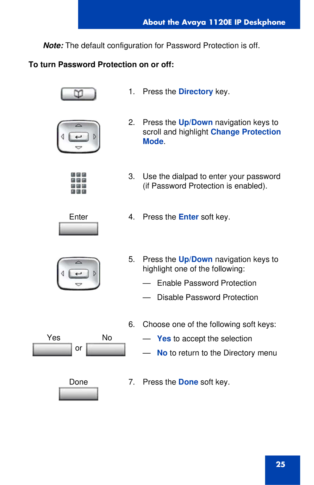 Avaya 1120E manual To turn Password Protection on or off, Mode 